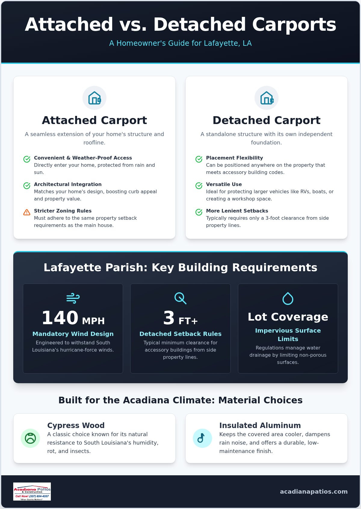 Attached vs. Detached Carport in Lafayette: Choosing the Best Fit for Your Acadiana Home